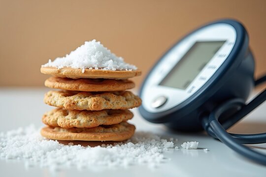 Connection between High Salt Intake and Hypertension Shown in Photo of Salty Snacks with Blood Pressure Monitor