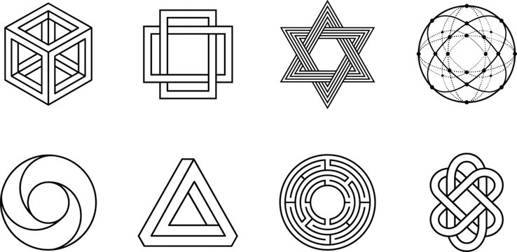 Abstract Geometric Symbol Collection with Optical Illusion Shapes Sacred Patterns and Modern Line Art Vector Designs
