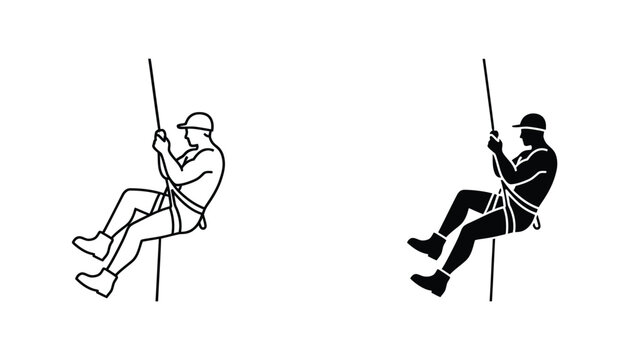Industrial climber rappelling with safety harness and helmet in rope access technique silhouette vector set