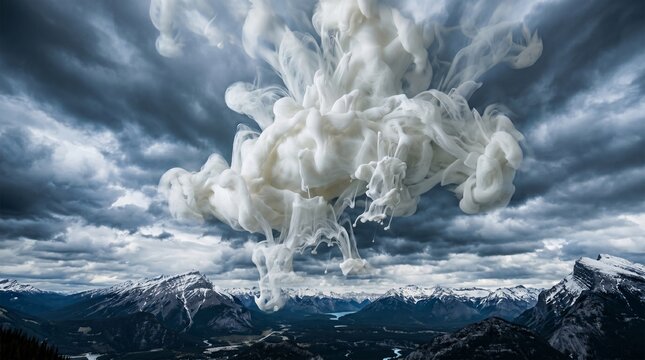 Surreal composite of white ink clouds floating above a dramatic mountain landscape