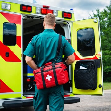 paramedic in teal uniform opening ambulance rear doors to prepare medical equipment bag, full body, realistic EMS uniform, outdoor with trees and cloudy sky