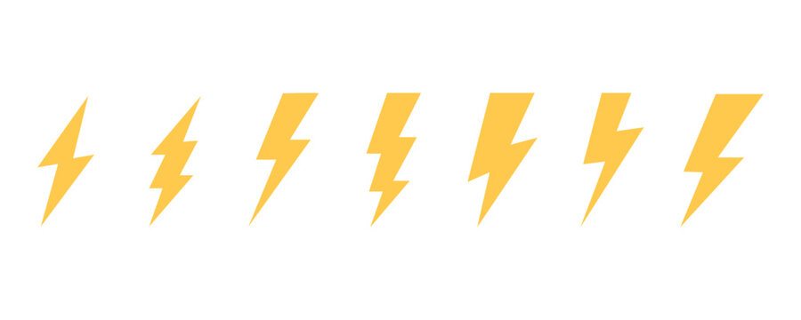 Lightning icon set. Electric icon vector, flash lightning icon. Power icon. Yellow lightning bolt symbol with sharp, angular design. Energy sign on white background