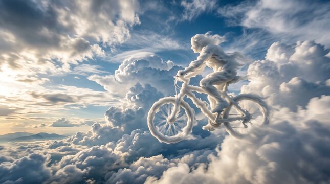 A surreal cloud formation shaped like a person riding a bicycle floating in a bright blue sky with fluffy white clouds