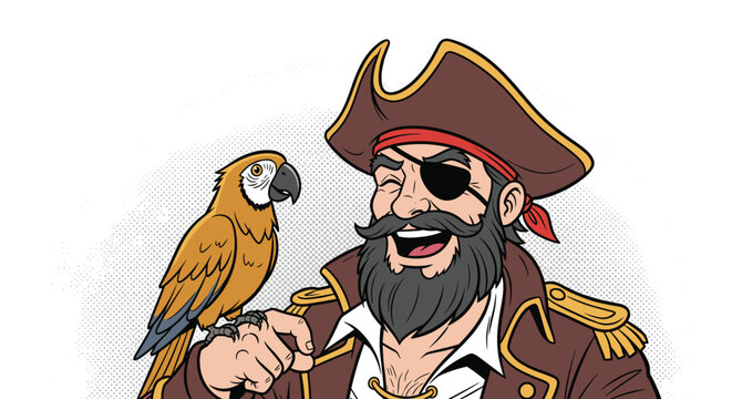 Jolly pirate captain with a grey beard and an eye patch laughing while a colorful parrot sits perched on his shoulder.