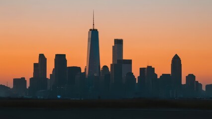 Fototapeta premium City skyline at sunset, with skyscraper silhouettes and gradient sunset reflected in calm water, showcasing the tranquility and grandeur of urban dusk.