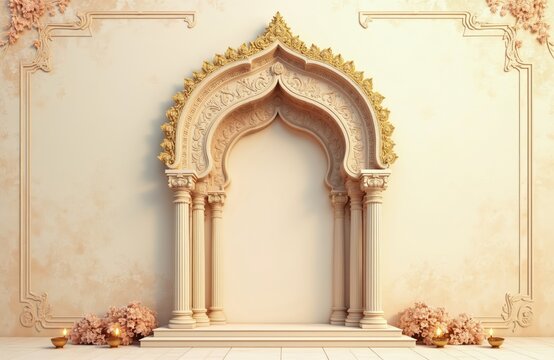Ornate Indian archway with golden details and pillars. Soft light illuminates floral decor and diya lamps. Elegant backdrop for celebrations, ceremonies, or cultural events.