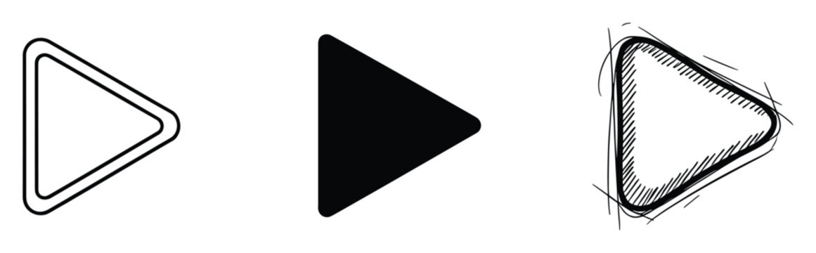 Various styles of play button icons for media player controls and user interface design projects