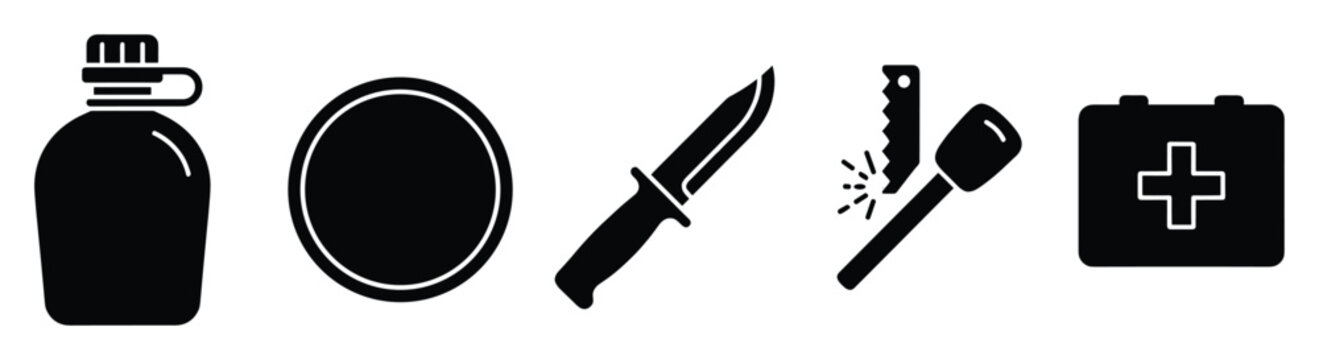 Survival gear and outdoor adventure equipment icons for camping hiking and emergency preparation
