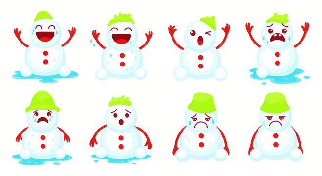 Cute Snowman Emoticons Set: Happy, Sad, Crying, Angry, Excited, Worried Faces