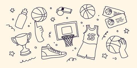Basketball Doodle Set Vector Illustration with Sports Equipment, Trophy, Jersey, Hoop and Ball. Hand Drawn Collection © Anastasiia