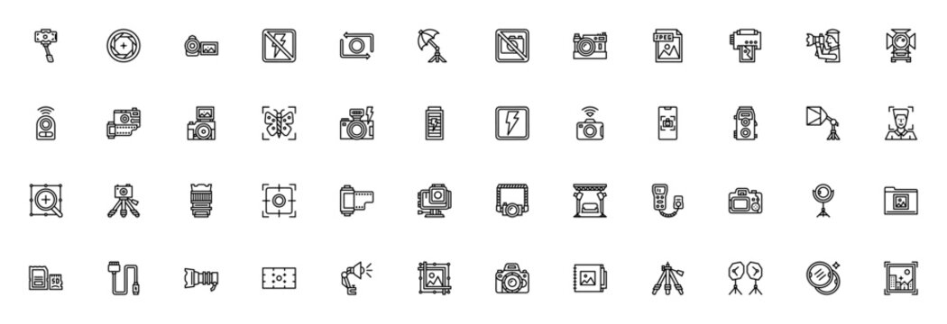 Photography icon set. Minimalist camera icons pack. Featuring selfie stick, aperture, camera, flash, tripod, lens, and more. Editable vector stroke.