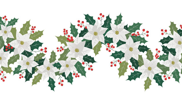 Vector illustration of horizontal christmas garland with white poinsettia flowers and red holly berries