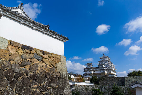 Historical fortification and defensive walls at himeji castle grounds