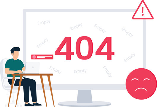 Man working 404 error page not found website problem technical support computer screen digital failure frustrated user online business network issue web development