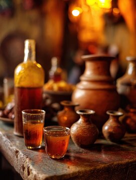 Traditional Ethiopian Tej House Bar with Clay Goblets of Amber Liquid and Warm Glow Ambiance