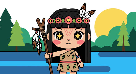Obraz premium Little Native American Girl Cartoon Character.