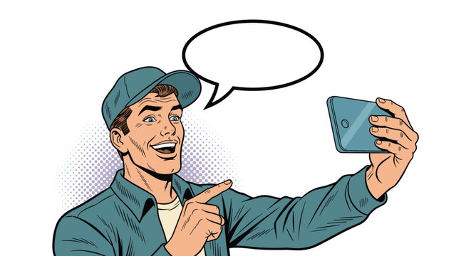 Smiling man in a cap takes a selfie with his smartphone and points to a blank speech bubble on a white background.