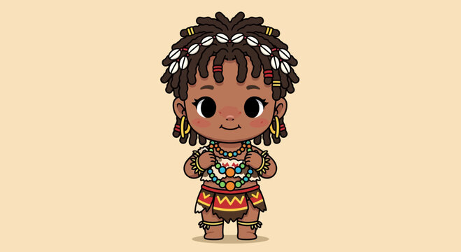 Cute Cartoon African Child with Traditional Attire and Dreadlocks.