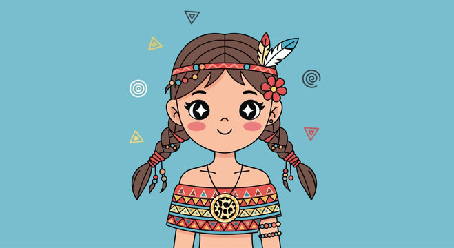 Cute Cartoon Native American Girl with Braids and Traditional Attire.