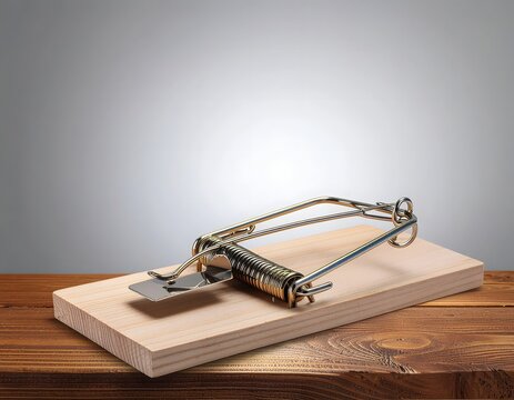 A wooden mousetrap sitting on a dark wooden surface against a grey background.