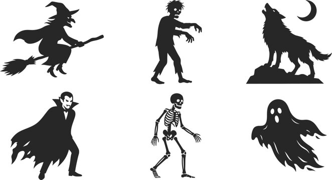 Collection of halloween icons featuring various spooky silhouettes on white background