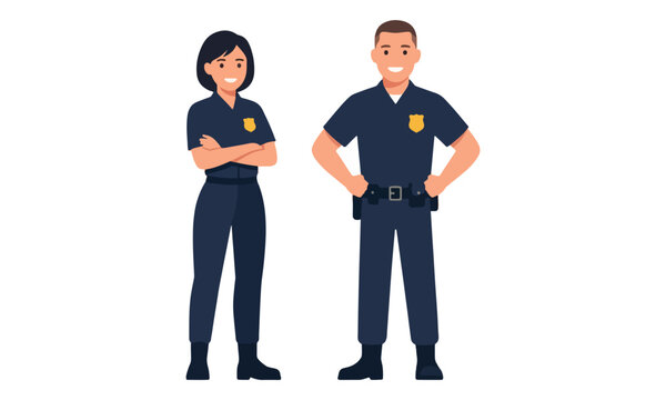 Police Officer Man and Woman Standing in Uniform Flat Vector