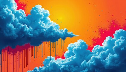 Fototapeta premium Blue fluffy clouds against bright orange sky with red splatters, drips. Stylized stormy weather with abstract paint, starry accents. Energetic, graphic, vibrant, bold design elements are present.