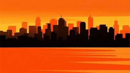 Obraz premium City silhouette against a warm orange gradient background, depicting the urban skyline in minimalist style, showing the vibrancy and tranquility of dusk. 