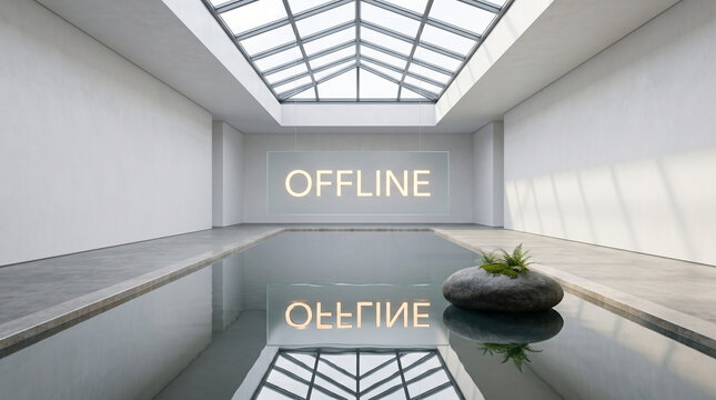 Offline Schild Konzept. Digital Detox. Freiwillige Abstinenz von Handy und &uuml;berm&auml;&szlig;iger digitaler Ger&auml;tenutzung. Minimalistischer Raum mit ruhigem Wasserbecken und leuchtendem Offline-Schild