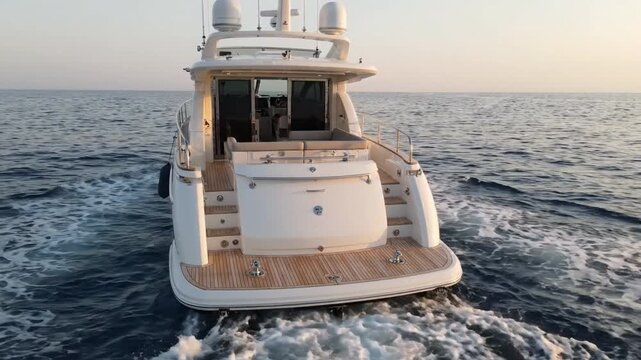 Luxury yacht stern deck teak platform boat aft deck sunset over calm