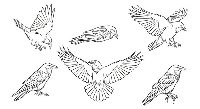 Set of black crows in various flying and perched poses, ink sketch