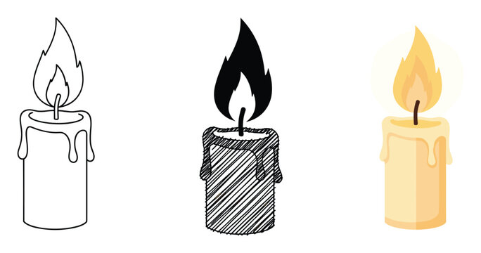 Burning candle graphics with flickering flames in varied styles suitable for decorative projects