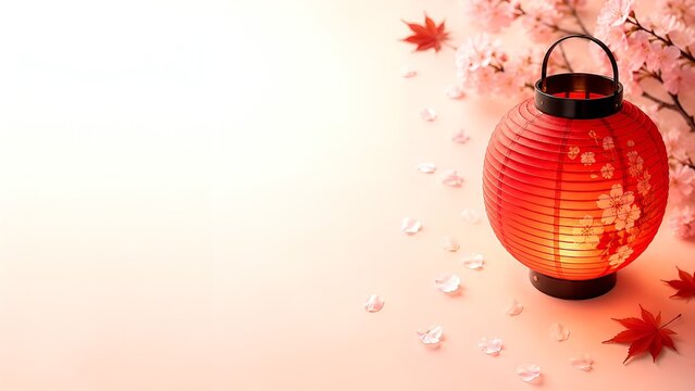 Traditional Red Lantern with Cherry Blossoms on Soft Pastel Background