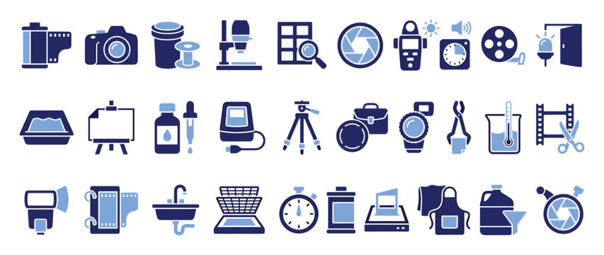 Photography and darkroom processing equipment icons for creative projects and visual resources