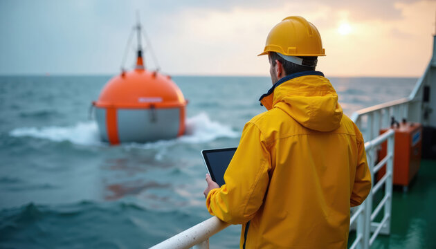 Marine scientist in yellow jacket and hard hat holds tablet near orange buoy on choppy sea. Crew member monitors oceanographic data from research vessel deck. Sonar equipment deployed offshore.