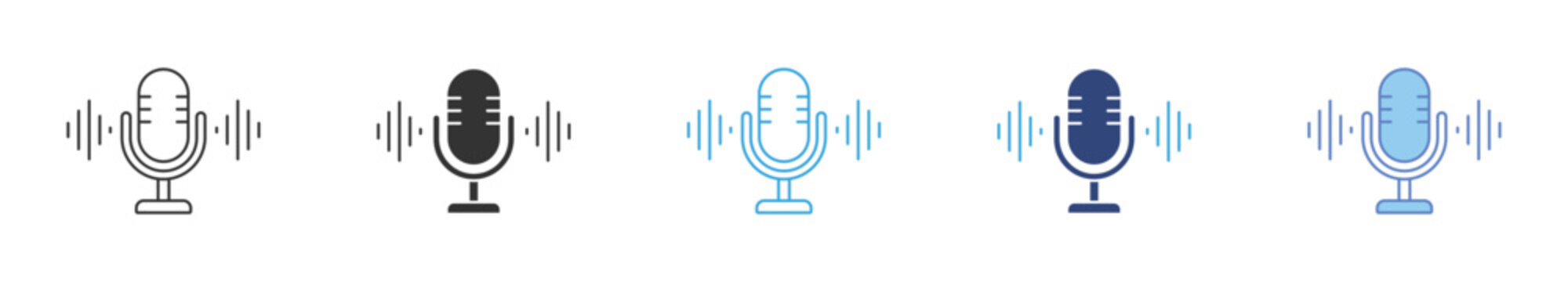  Microphone Icon Set, Audio recording, voice broadcasting, streaming media, and sound communication vector icons.