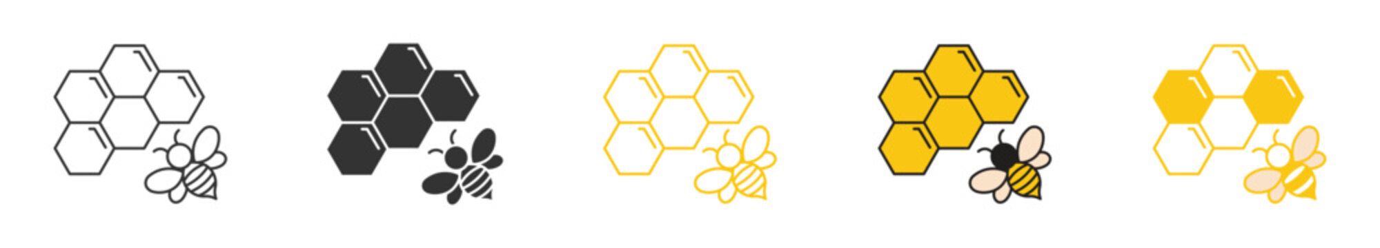 Honeycomb Bee Icon Set, Beekeeping industry, honey production, natural hive structure, and organic farming vector icons.