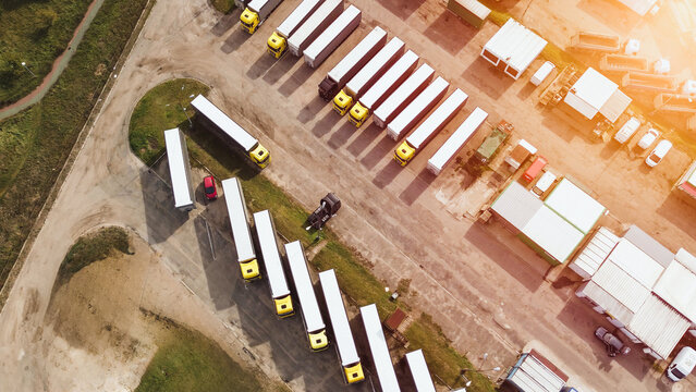 Logistic center with parked semi-trucks