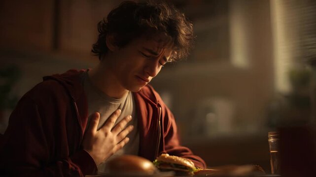 Young man experiencing chest pain and indigestion while eating a hamburger, concept of unhealthy fast food consequences and heartburn.