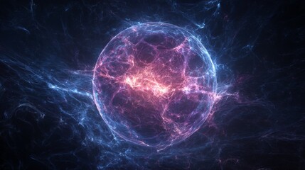 Naklejka premium Energetic cosmic sphere encompassing a swirling galaxy with vibrant plasma veins illuminating the deep expanse of space, futuristic astrophysics visualization of interstellar energy flow and luminous 