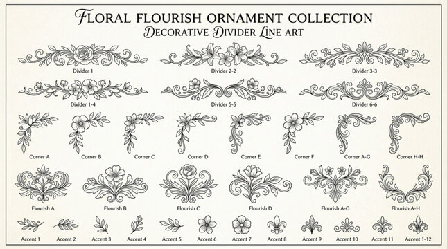 Collection of decorative floral flourish ornaments and dividers.