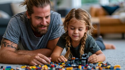 Fototapeta premium Father and daughter playing with building blocks