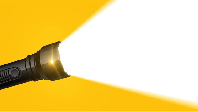 Black flashlight emitting bright white light beam on yellow background, close-up