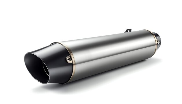 A brushed metal motorcycle exhaust muffler with a black conical tip is isolated on white.
