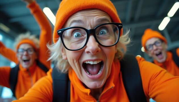 Elderly women in bright orange outfits experience indoor skydiving excitement with friends. They wear goggles, hats, showing big smiles, open mouths. Group is having fun, making memories together.