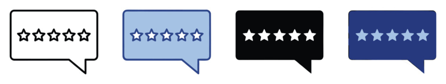 Five star rating speech bubbles for customer feedback, product review, and quality evaluation.