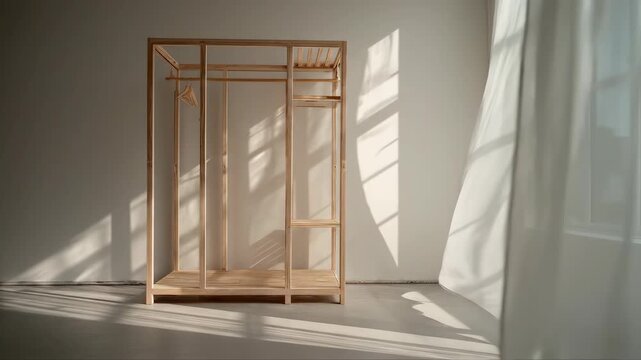 Wooden wardrobe frame in a minimalist bright room. Interior design with flowing white curtains near a window. Scandi style furniture for modern home decor.