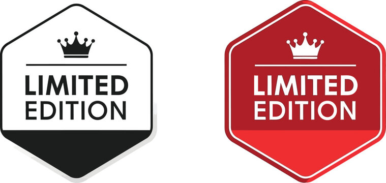 Limited edition badges, black and red hexagonal labels with crown and text