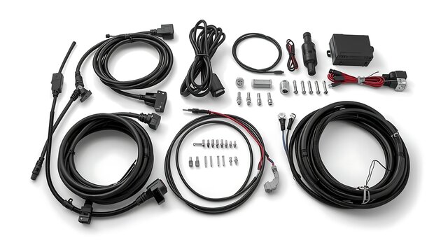 A complete set of motorcycle electrical wiring harness components is neatly laid out on a white surface.