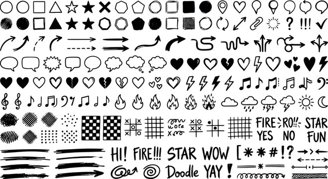 Hand Drawn Doodle Icon Mega Set With Sketched Shapes Hearts Arrows Speech Bubbles Musical Notes Symbols And Borders Vector Illustration